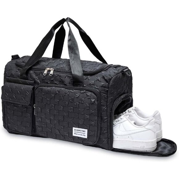 Women Black Checkered Small Gym Carry On Weekender Travel Shoe Compartment Bag - Picture 7 of 7